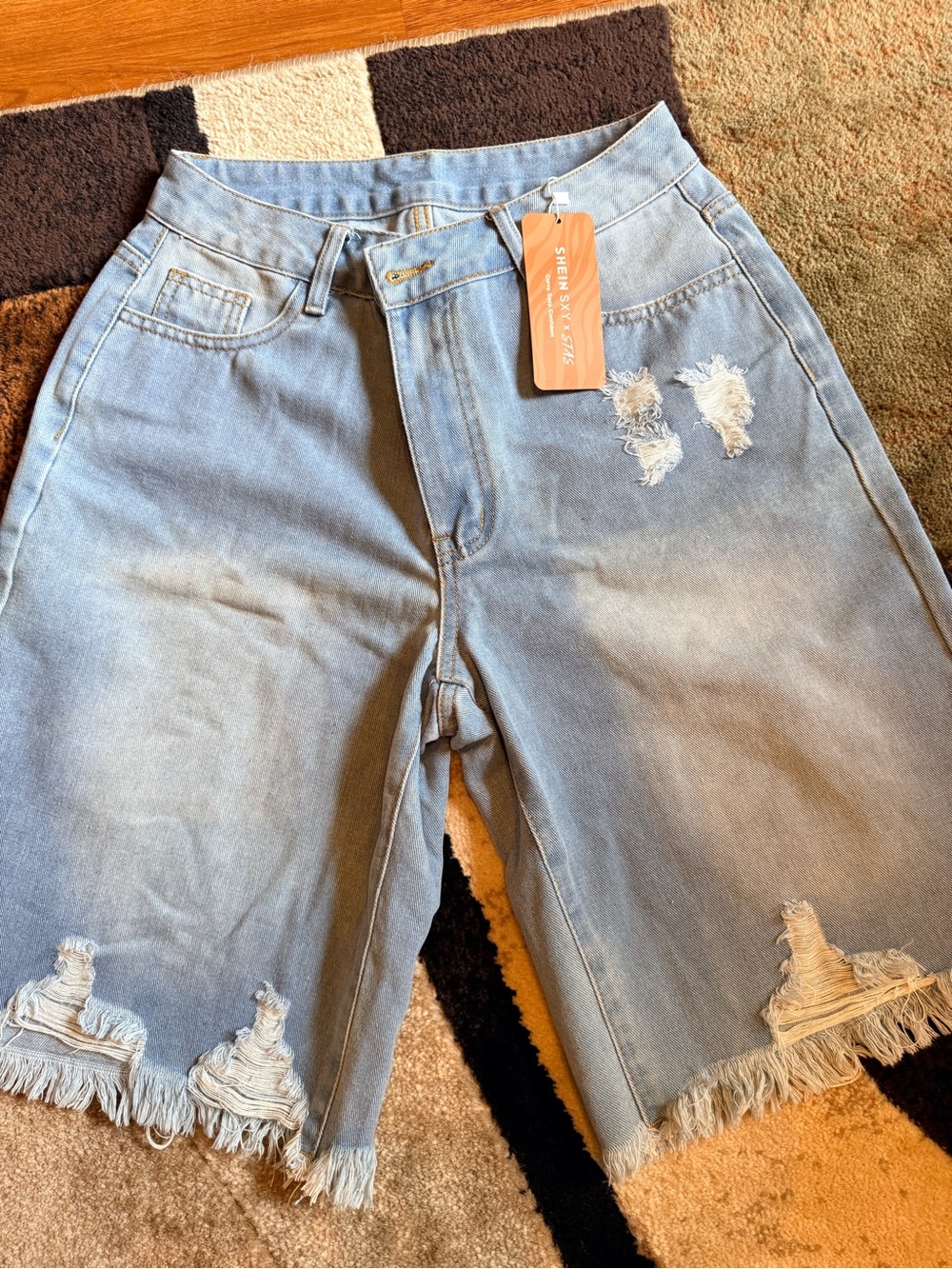 SHEIN Light Blue Distressed Denim Bermuda Shorts